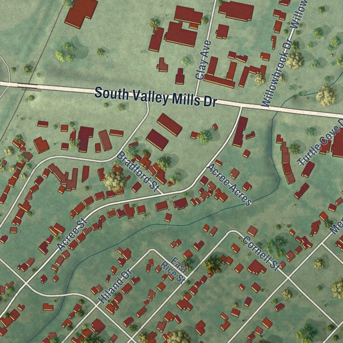 Close-up of the map of Beverly Hills, Texas print showing street and building detail