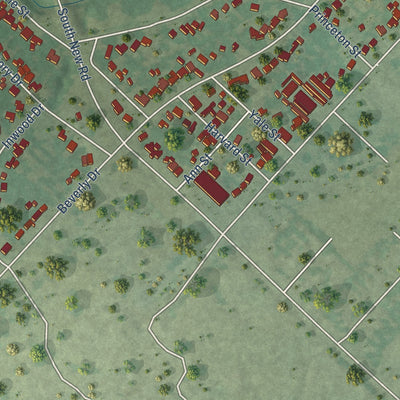 Second close-up of the map of Beverly Hills, Texas print showing more streets and buildings