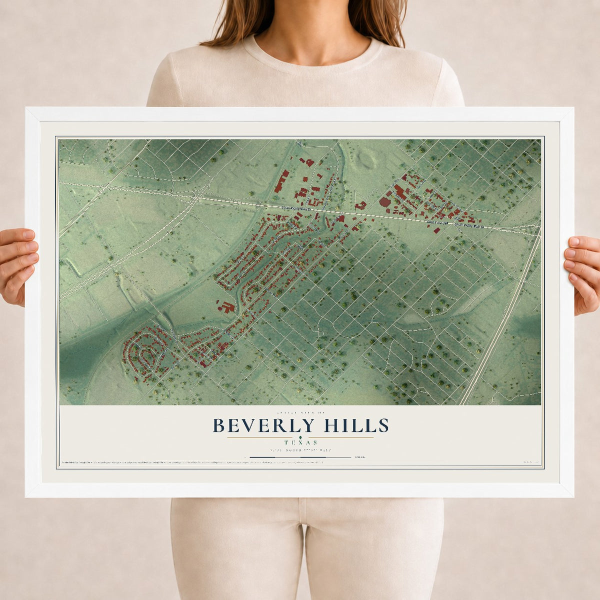 Map of Beverly Hills, Texas, 18 x 24 inch print in a white wood frame