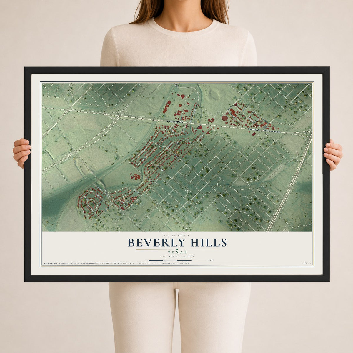Map of Beverly Hills, Texas, 24 x 36 inch print in a black wood frame