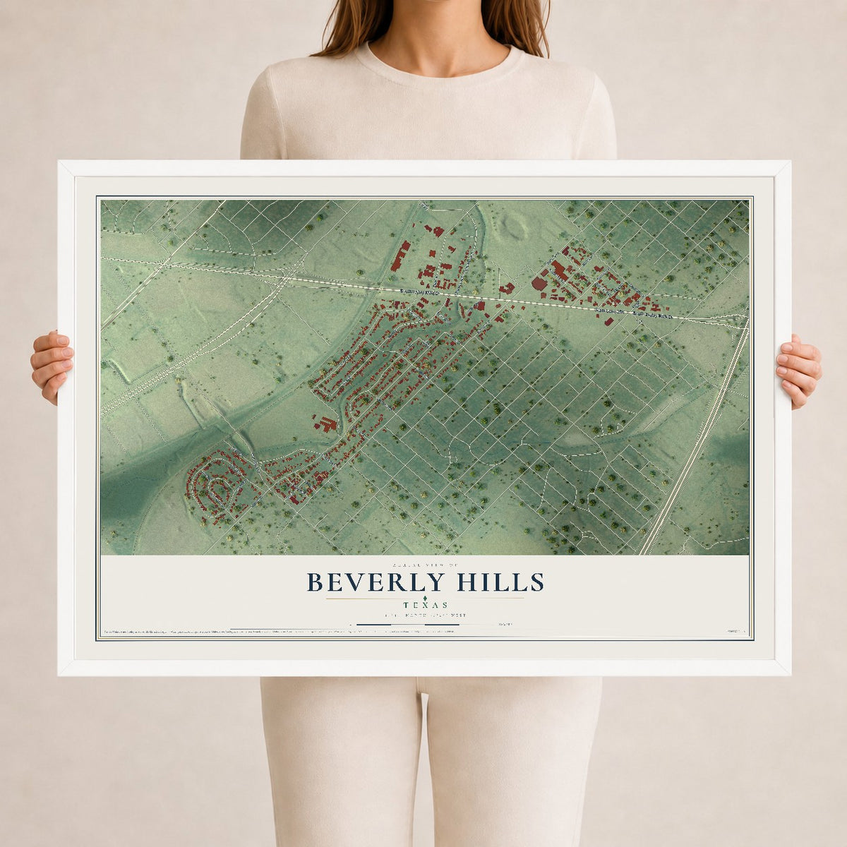 Map of Beverly Hills, Texas, 24 x 36 inch print in a white wood frame