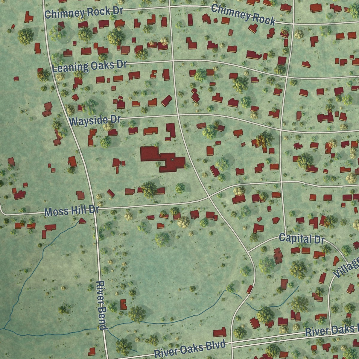 Close-up of the map of Bevil Oaks, Texas print showing street and building detail