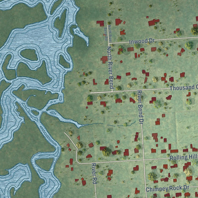 Second close-up of the map of Bevil Oaks, Texas print showing more streets and buildings