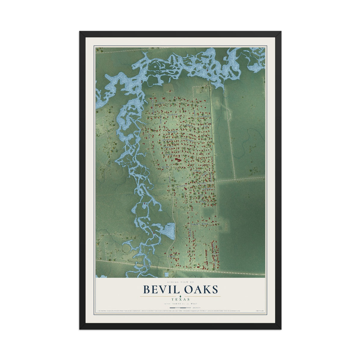 Map of Bevil Oaks, Texas, 12 x 18 inch print in a black wood frame