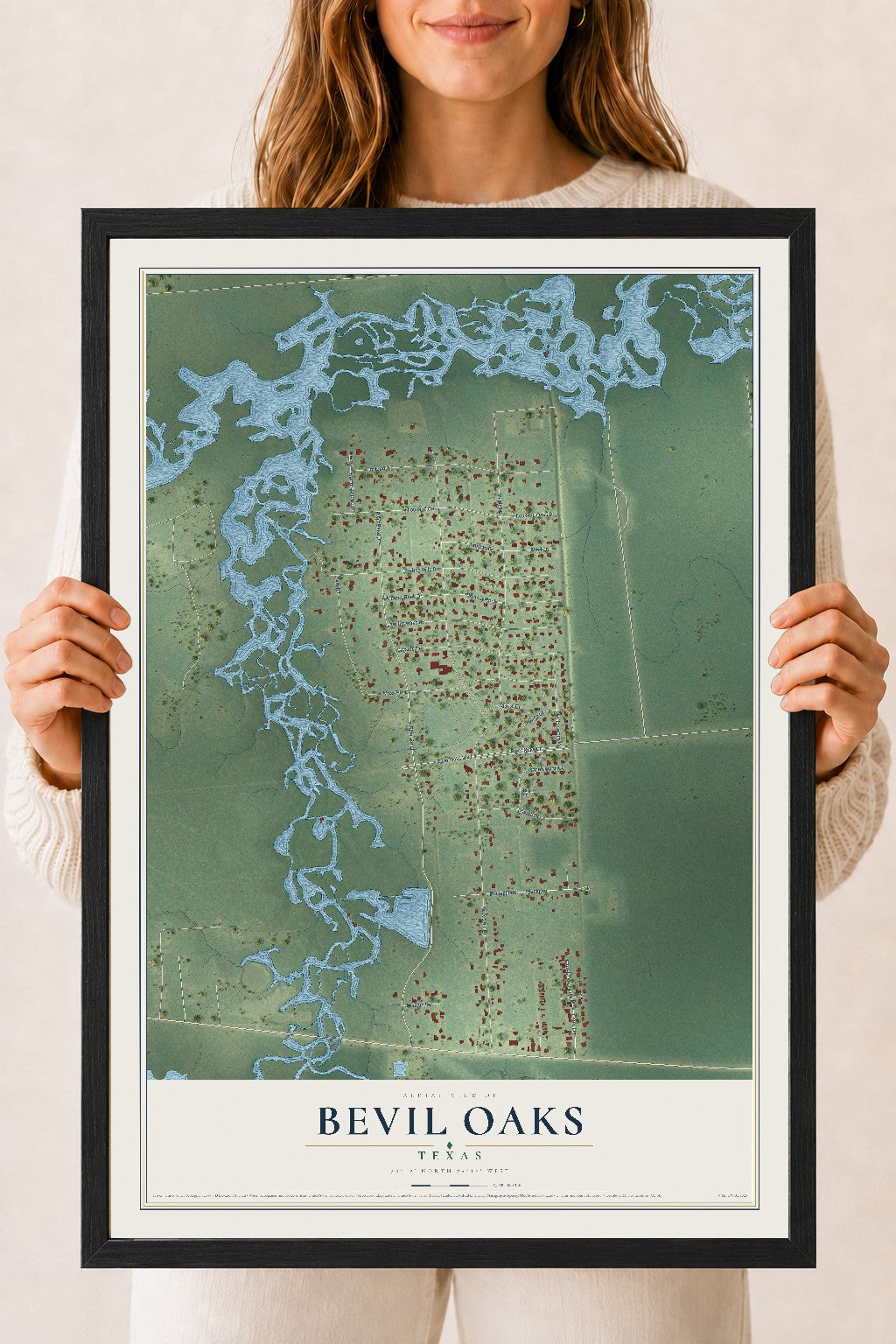 Map of Bevil Oaks, Texas, 18 x 24 inch print in a black wood frame