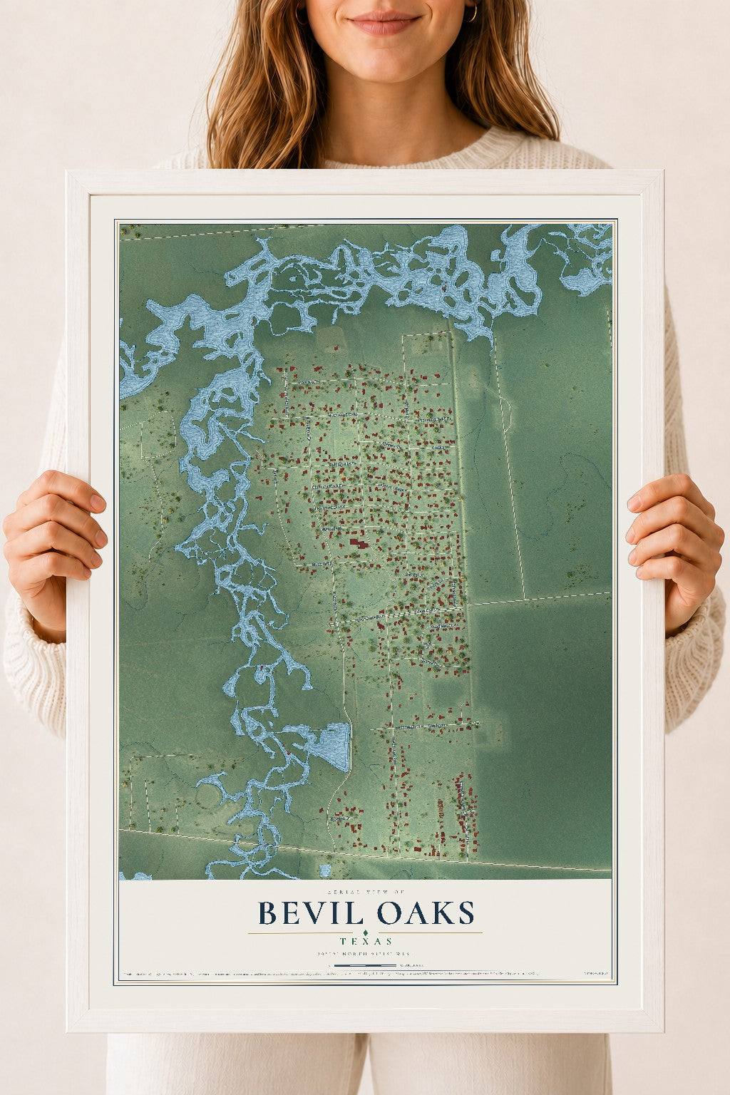 Map of Bevil Oaks, Texas, 18 x 24 inch print in a white wood frame