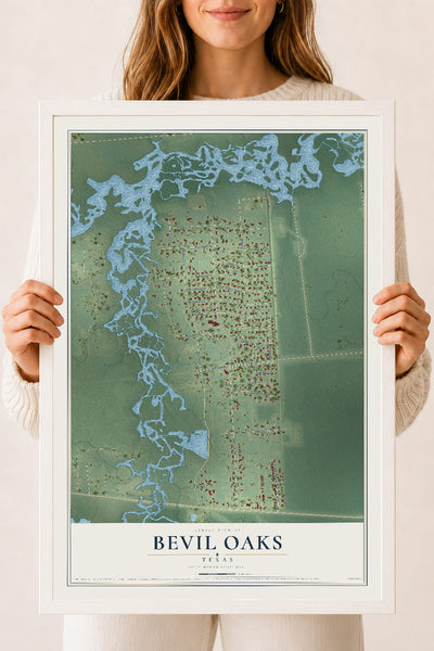 Map of Bevil Oaks, Texas, 18 x 24 inch print in a white wood frame