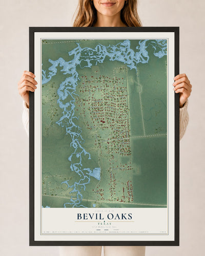 Map of Bevil Oaks, Texas, 24 x 36 inch print in a black wood frame