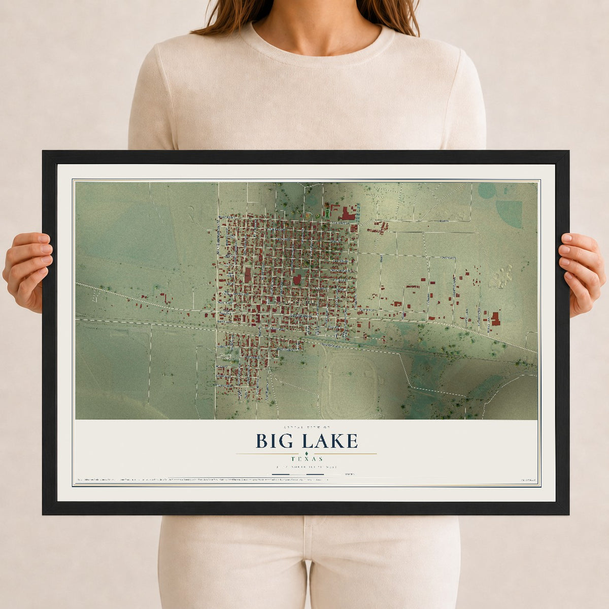 Map of Big Lake, Texas, 12 x 18 inch print in a black wood frame