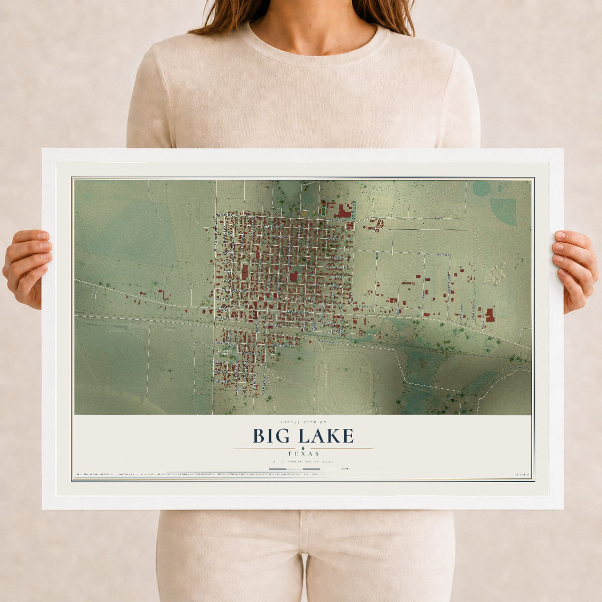 Map of Big Lake, Texas, 12 x 18 inch print in a white wood frame