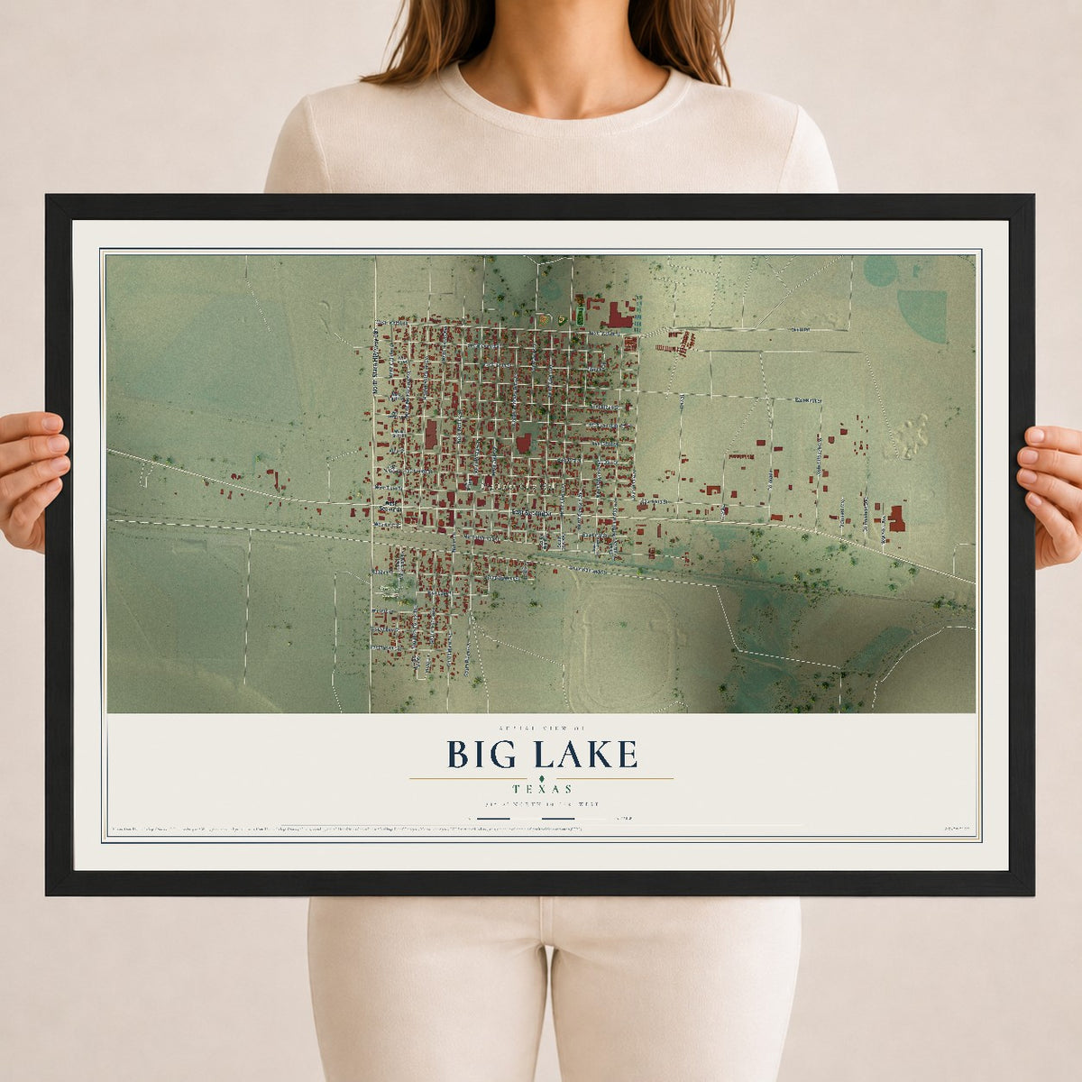 Map of Big Lake, Texas, 18 x 24 inch print in a black wood frame