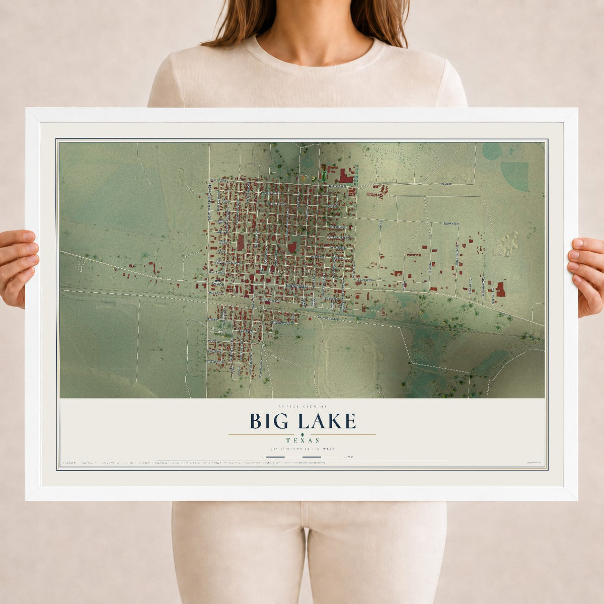 Map of Big Lake, Texas, 18 x 24 inch print in a white wood frame