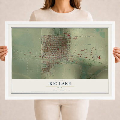 Map of Big Lake, Texas, 18 x 24 inch print in a white wood frame