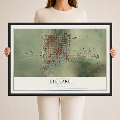 Map of Big Lake, Texas, 24 x 36 inch print in a black wood frame