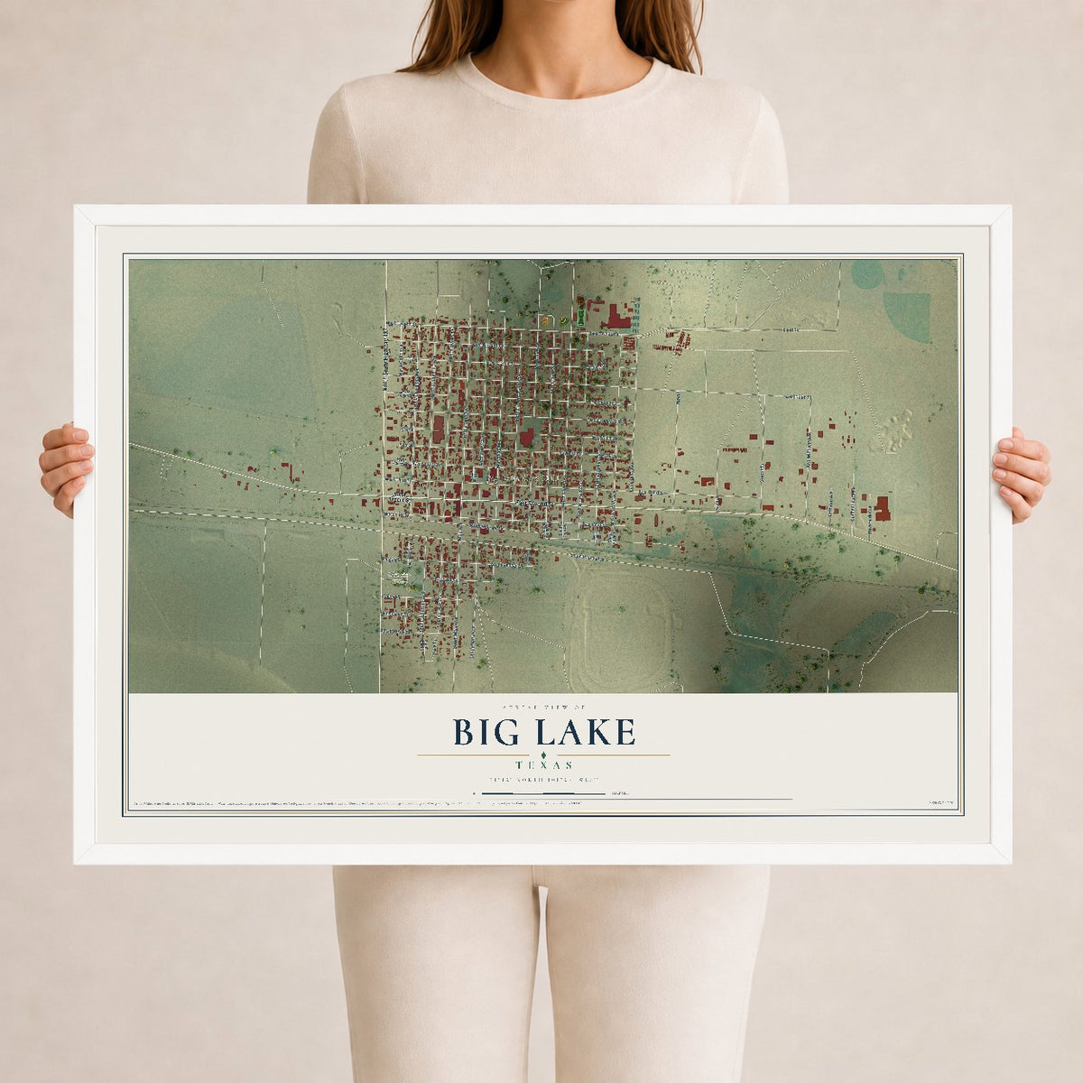 Map of Big Lake, Texas, 24 x 36 inch print in a white wood frame