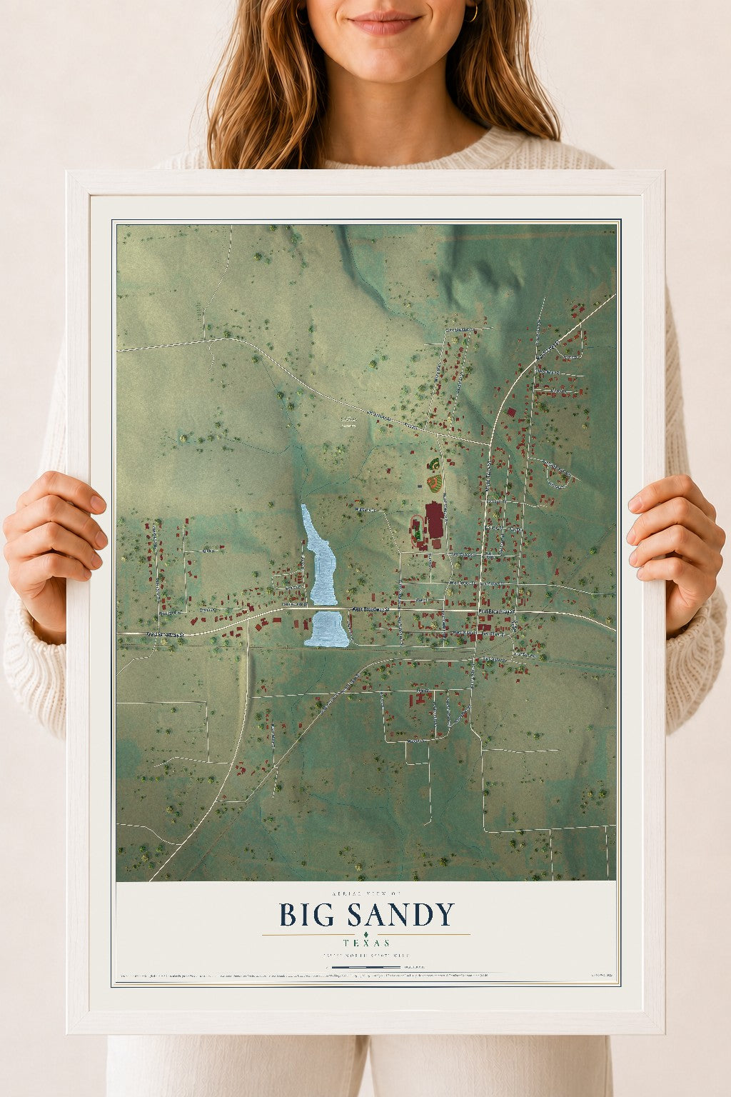 Map of Big Sandy, Texas, 18 x 24 inch print in a white wood frame