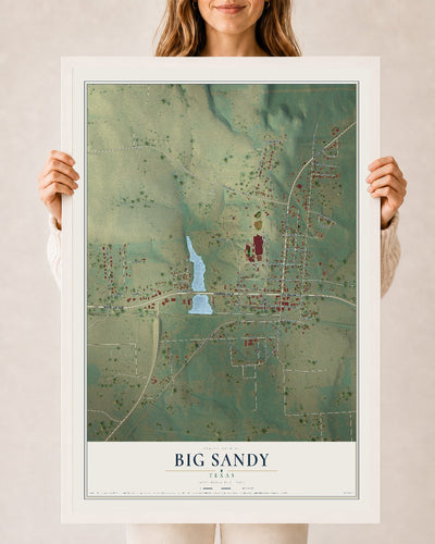 Map of Big Sandy, Texas, 24 x 36 inch print in a white wood frame
