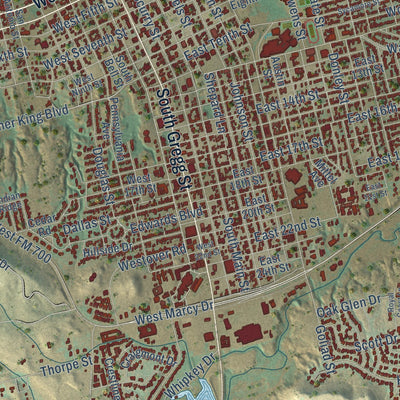Close-up of the map of Big Spring, Texas print showing street and building detail