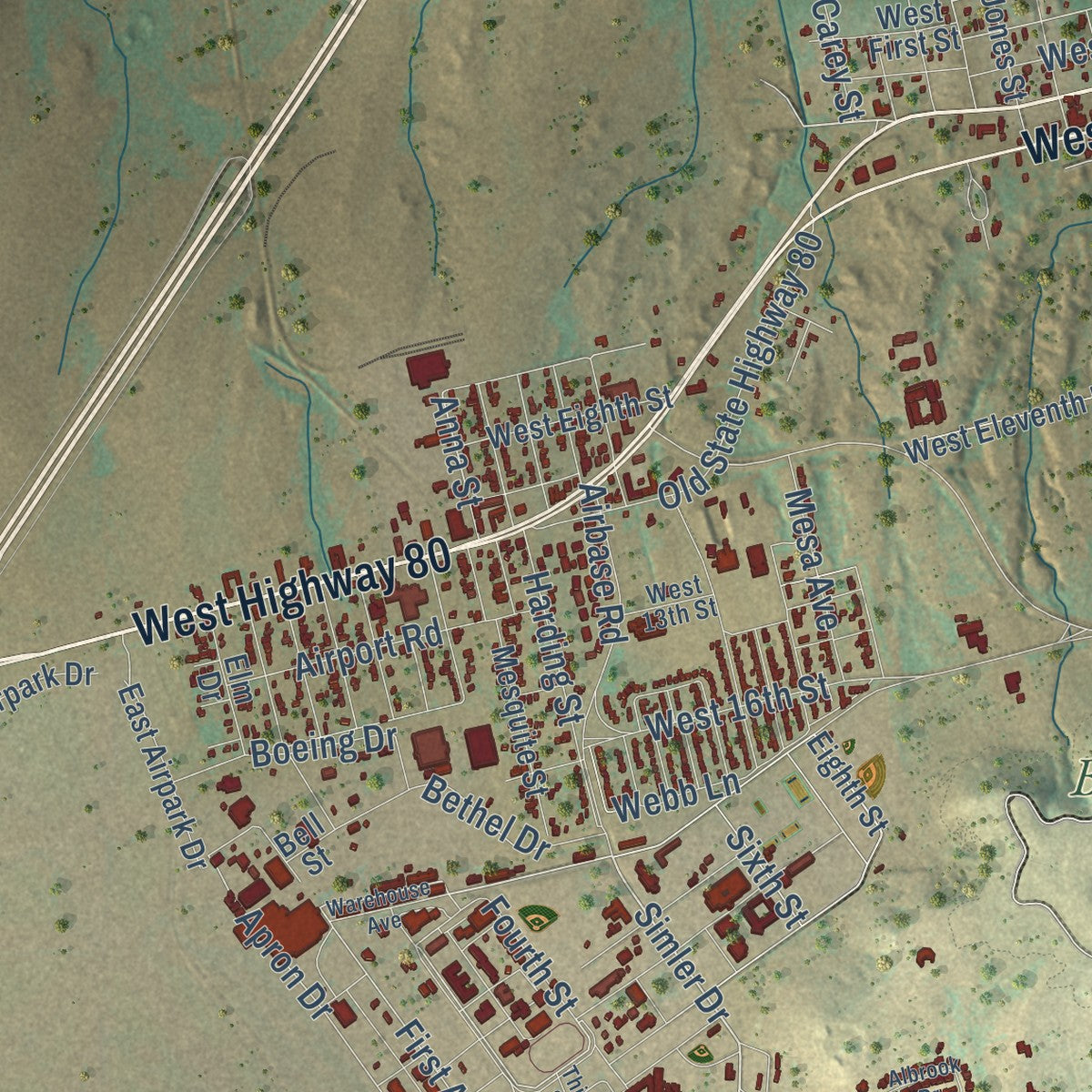 Second close-up of the map of Big Spring, Texas print showing more streets and buildings