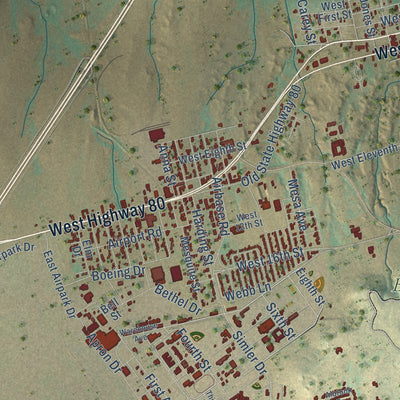 Second close-up of the map of Big Spring, Texas print showing more streets and buildings