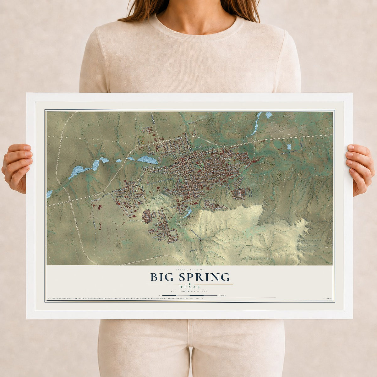 Map of Big Spring, Texas, 12 x 18 inch print in a white wood frame