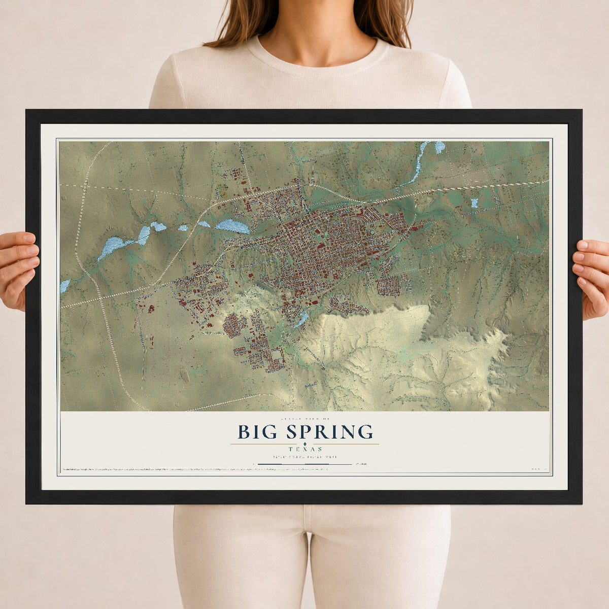 Map of Big Spring, Texas, 18 x 24 inch print in a black wood frame