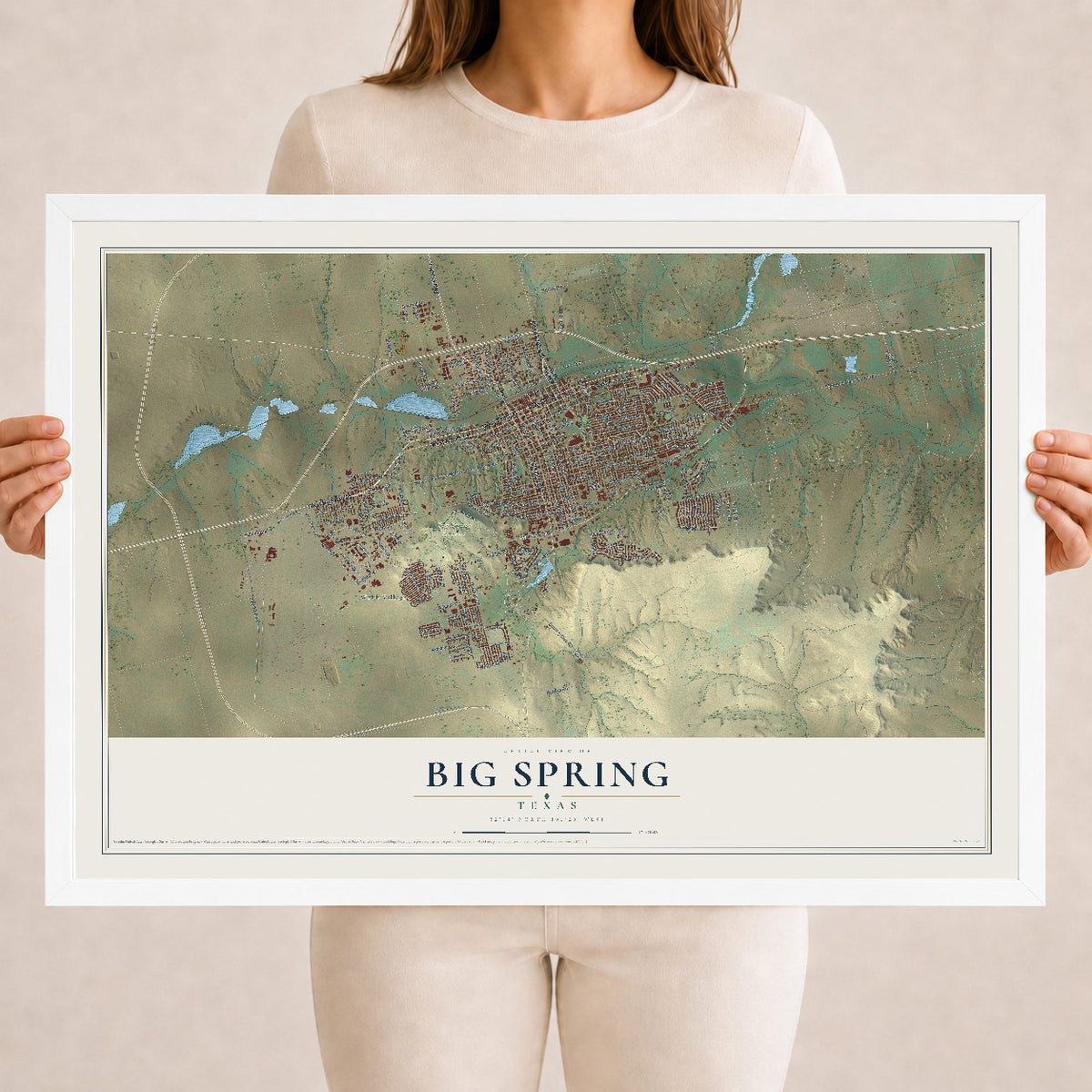 Map of Big Spring, Texas, 18 x 24 inch print in a white wood frame