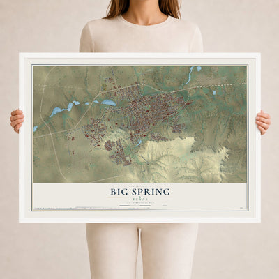 Map of Big Spring, Texas, 24 x 36 inch print in a white wood frame
