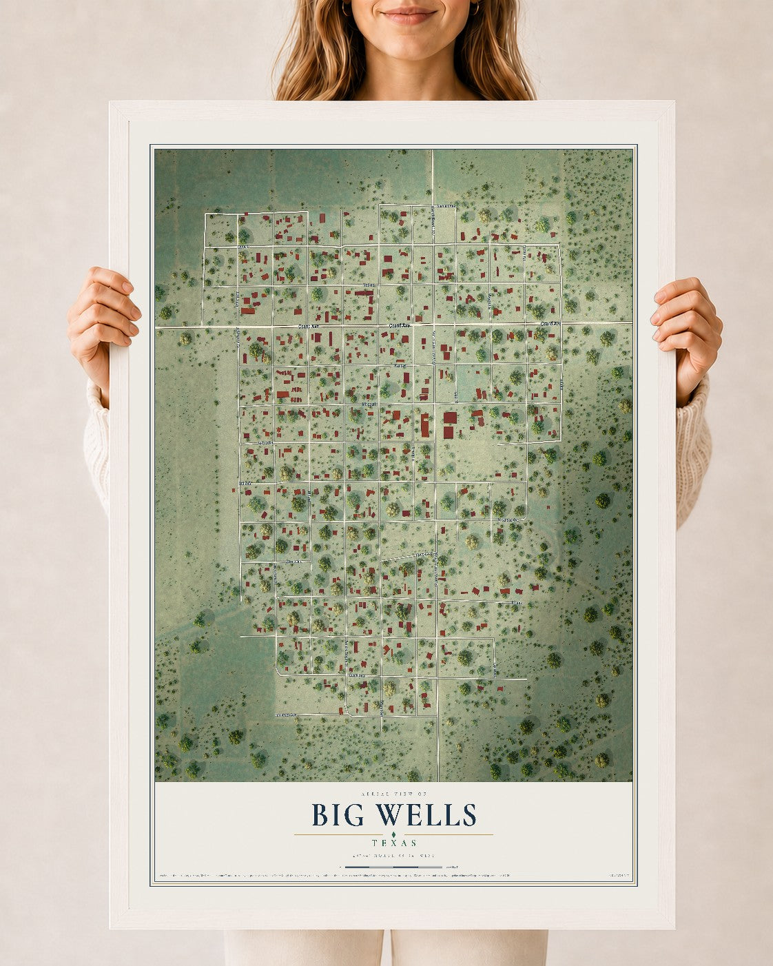 Map of Big Wells, Texas, 24 x 36 inch print in a white wood frame