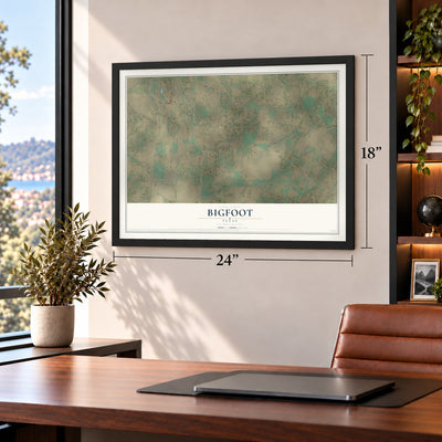 Bigfoot, Texas map, 18 x 24 inch print in a black frame in a home office