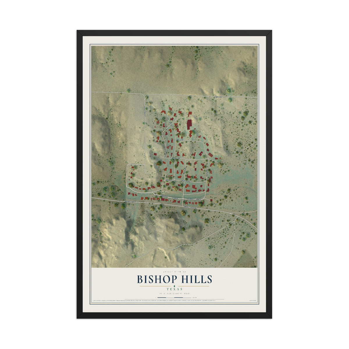 Map of Bishop Hills, Texas, 12 x 18 inch print in a black wood frame
