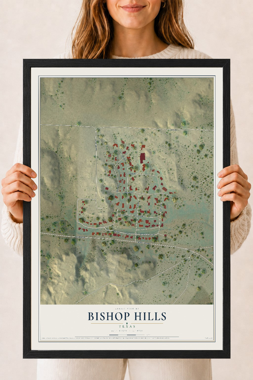 Map of Bishop Hills, Texas, 18 x 24 inch print in a black wood frame