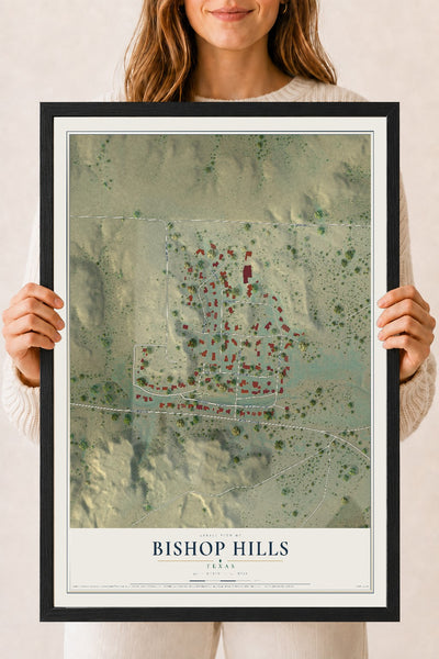 Map of Bishop Hills, Texas, 18 x 24 inch print in a black wood frame