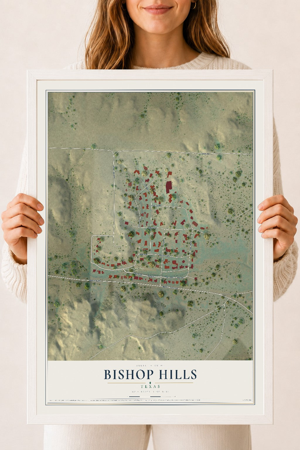 Map of Bishop Hills, Texas, 18 x 24 inch print in a white wood frame