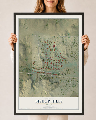 Map of Bishop Hills, Texas, 24 x 36 inch print in a black wood frame