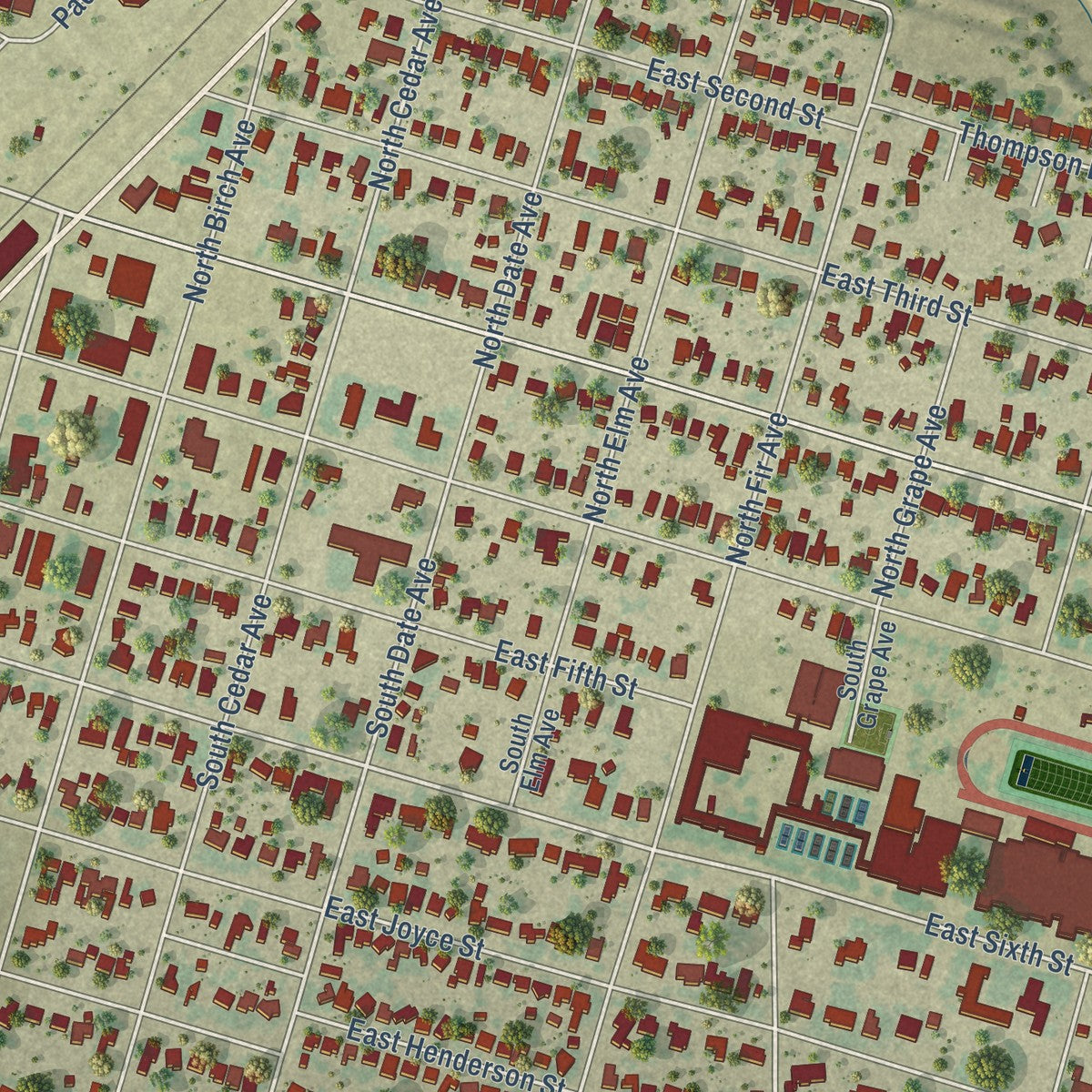 Close-up of the map of Bishop, Texas print showing street and building detail