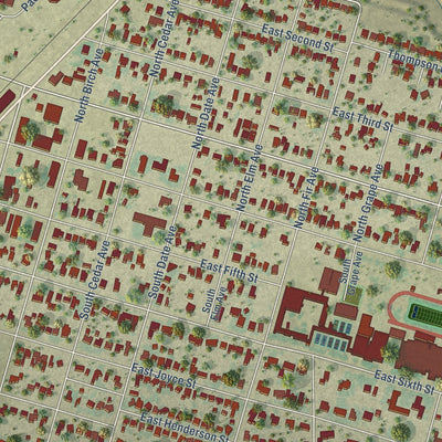 Close-up of the map of Bishop, Texas print showing street and building detail