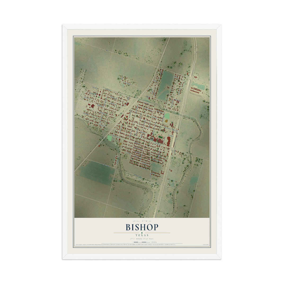 Map of Bishop, Texas, 12 x 18 inch print in a white wood frame