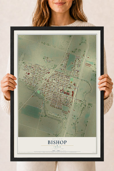 Map of Bishop, Texas, 18 x 24 inch print in a black wood frame