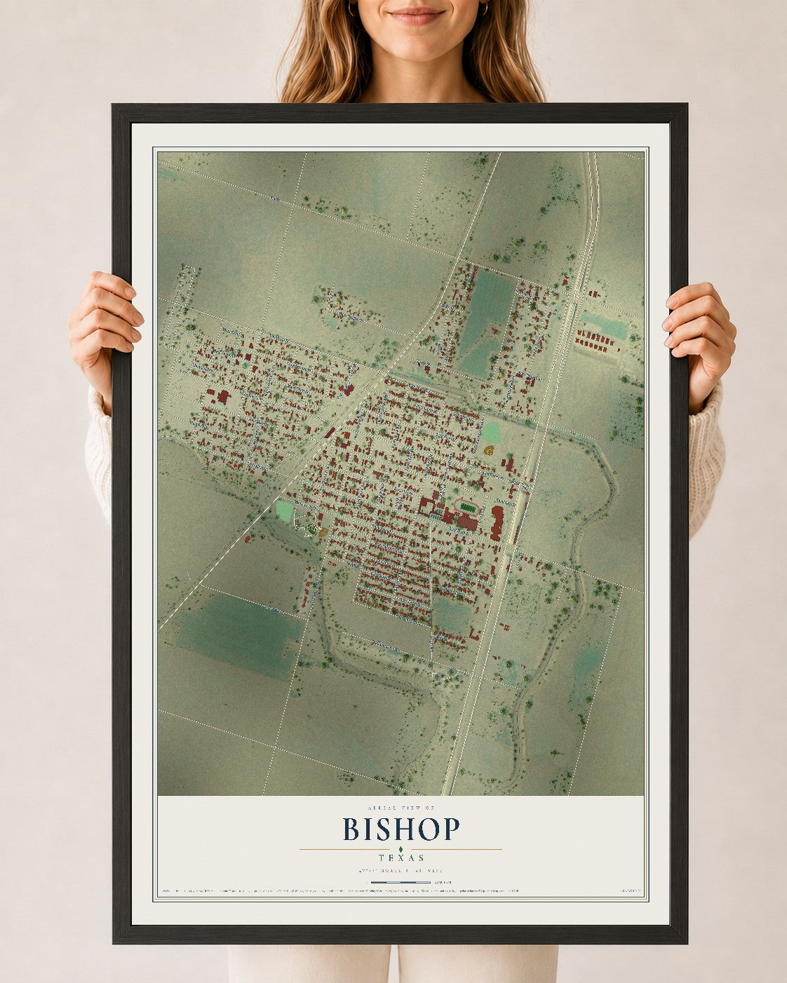 Map of Bishop, Texas, 24 x 36 inch print in a black wood frame