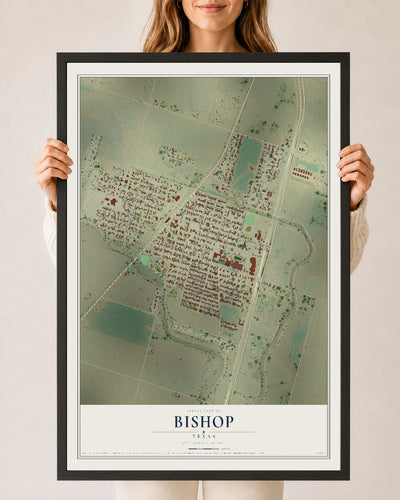 Map of Bishop, Texas, 24 x 36 inch print in a black wood frame