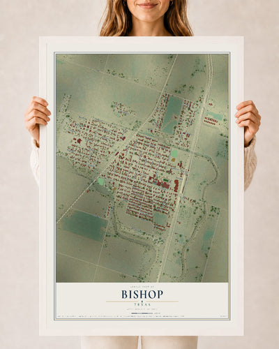 Map of Bishop, Texas, 24 x 36 inch print in a white wood frame