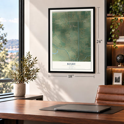 Bixby, Texas map, 18 x 24 inch print in a black frame in a home office