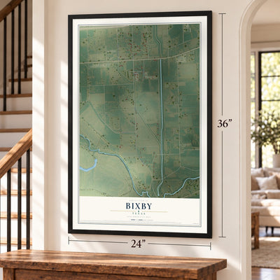 Bixby, Texas map, 24 x 36 inch print in a black frame by a staircase