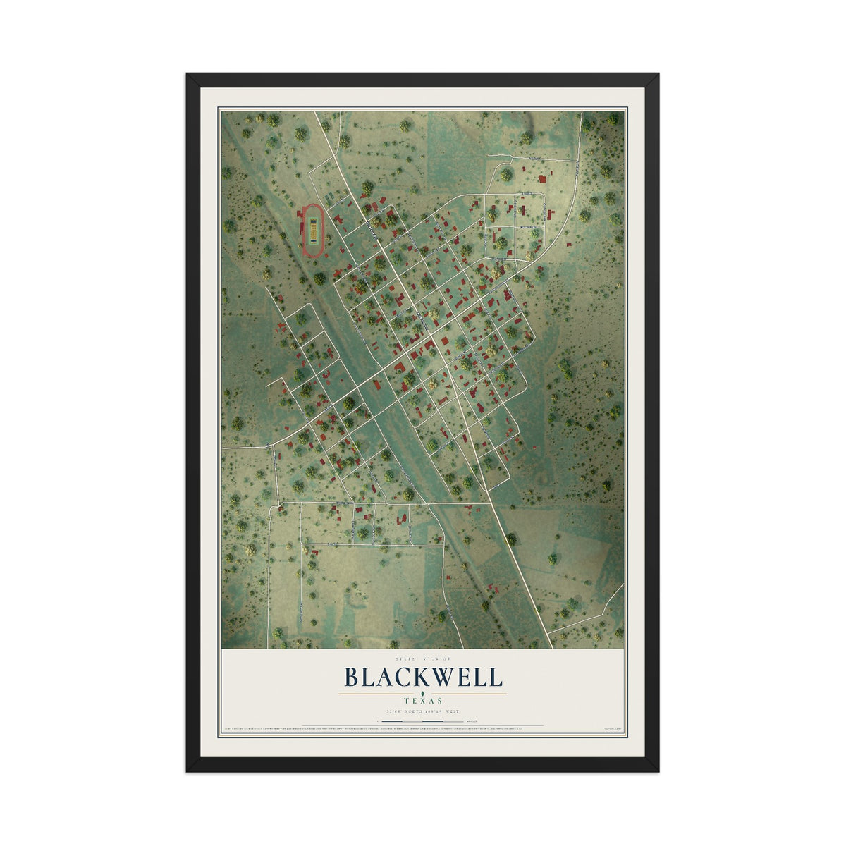 Map of Blackwell, Texas, 12 x 18 inch print in a black wood frame