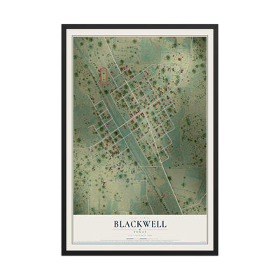 Map of Blackwell, Texas, 12 x 18 inch print in a black wood frame