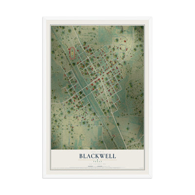 Map of Blackwell, Texas, 12 x 18 inch print in a white wood frame