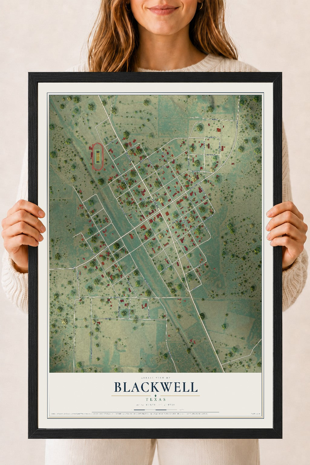 Map of Blackwell, Texas, 18 x 24 inch print in a black wood frame