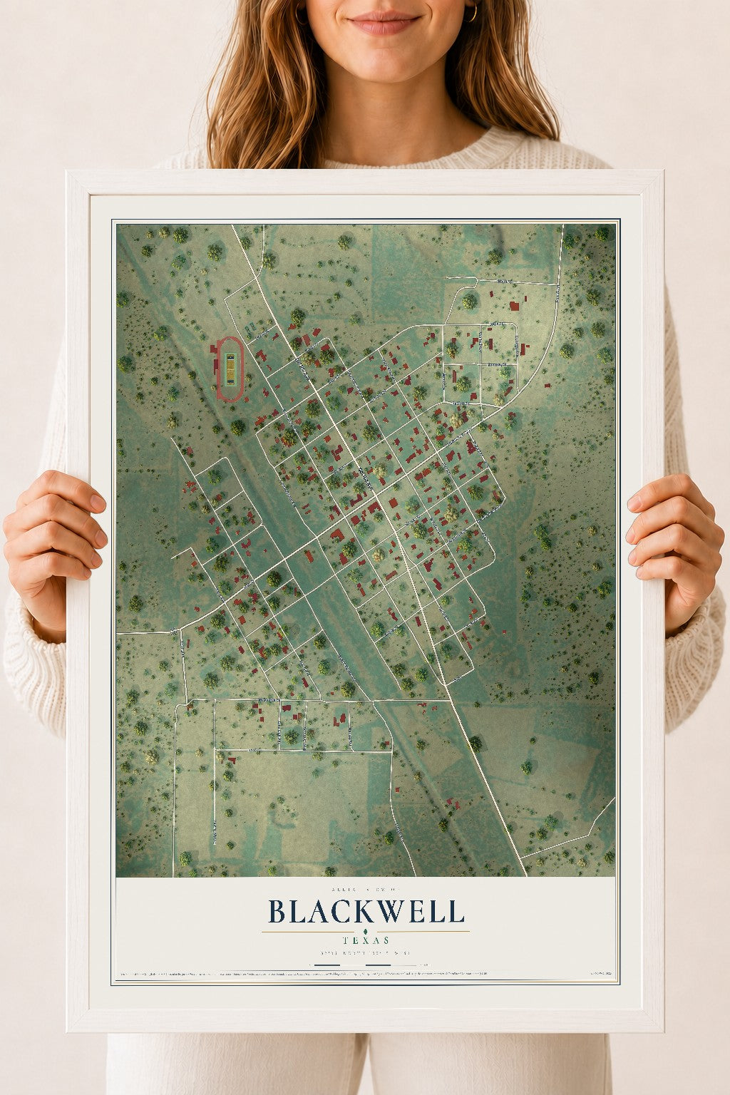Map of Blackwell, Texas, 18 x 24 inch print in a white wood frame