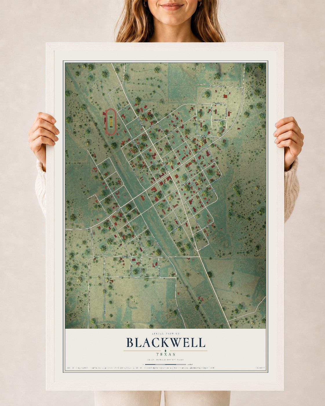 Map of Blackwell, Texas, 24 x 36 inch print in a white wood frame